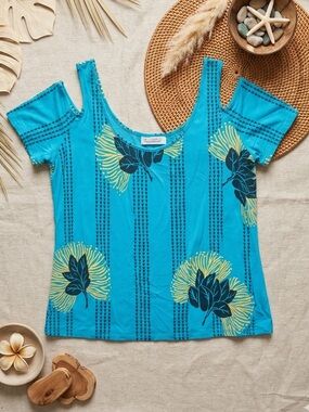 DEZIGNS BY KAMOHOALI’I Cold Shoulder Top Turquoise Blue ‘Ōhi‘a Lehua Hawaiian